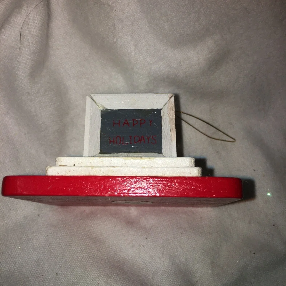Vintage  Desk Top  Computer Merry Christmas Sceen Holly TS Wood Ornament